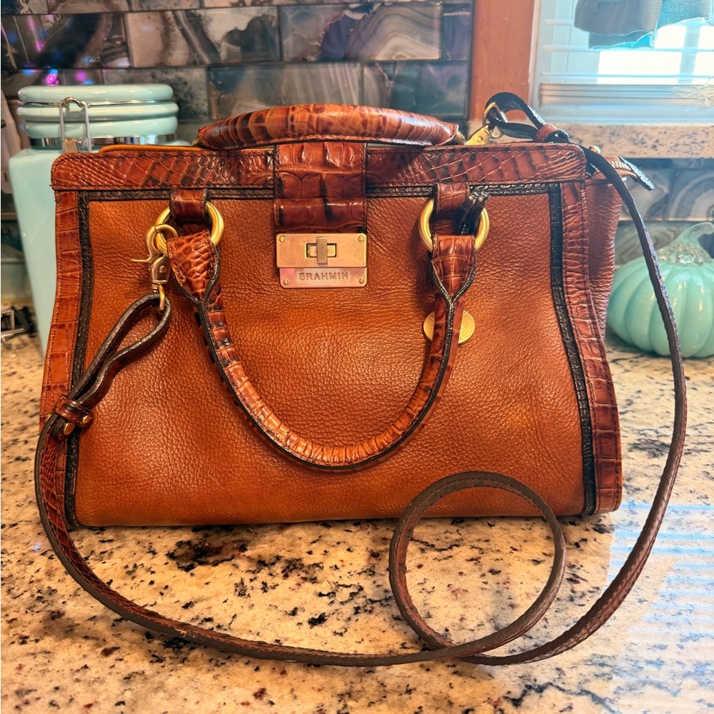 Brahmin Tan and Croc-Trim Leather Satchel with Gold Hardware/ Crossbody Strap
